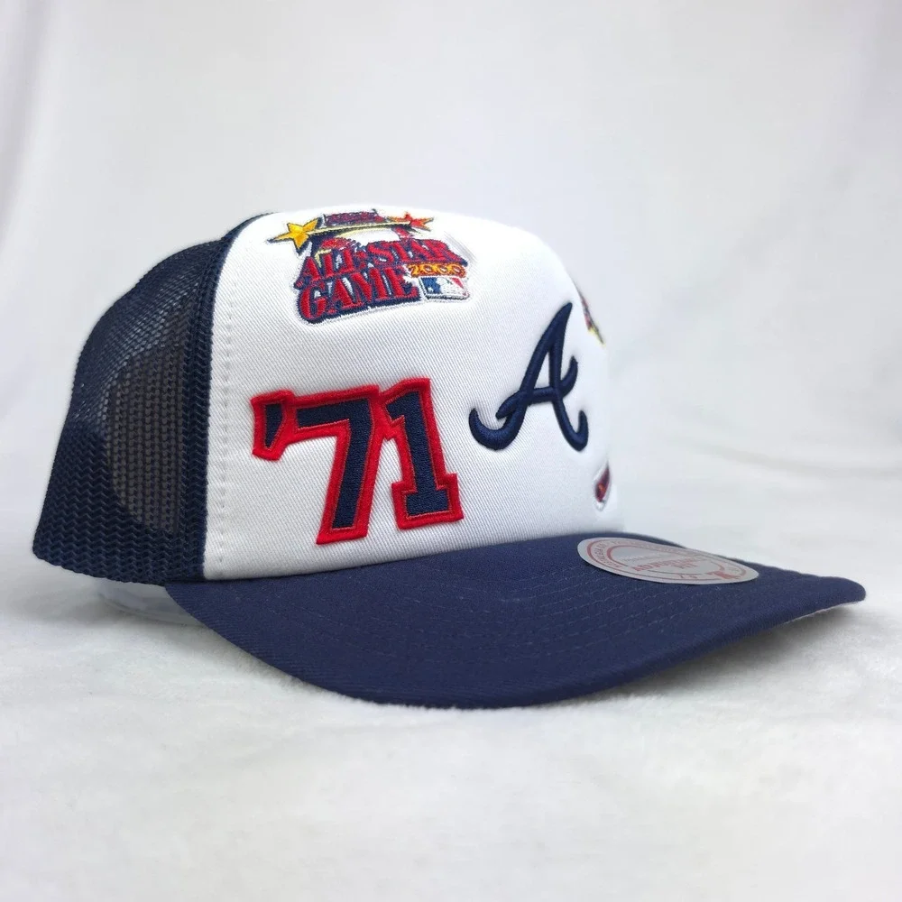 Atlanta Braves Mitchell & Ness Trucker‎ Hat Cap 3D Logo 5 Logos White Navy NWT